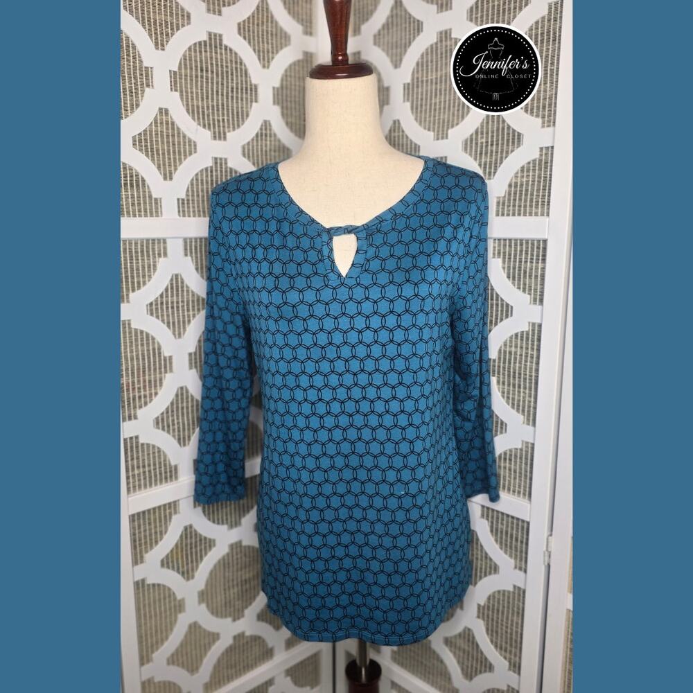 Croft & Barrow Teal and Black Geometric Front Keyhole 3/4 Sleeve Knit Top Size S